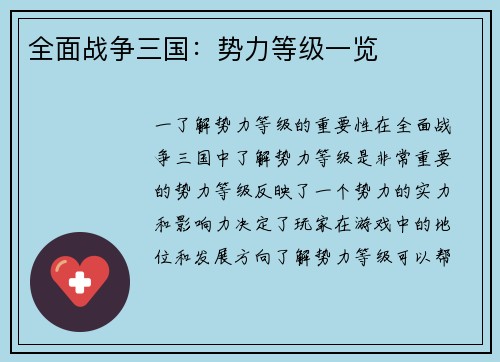 全面战争三国：势力等级一览